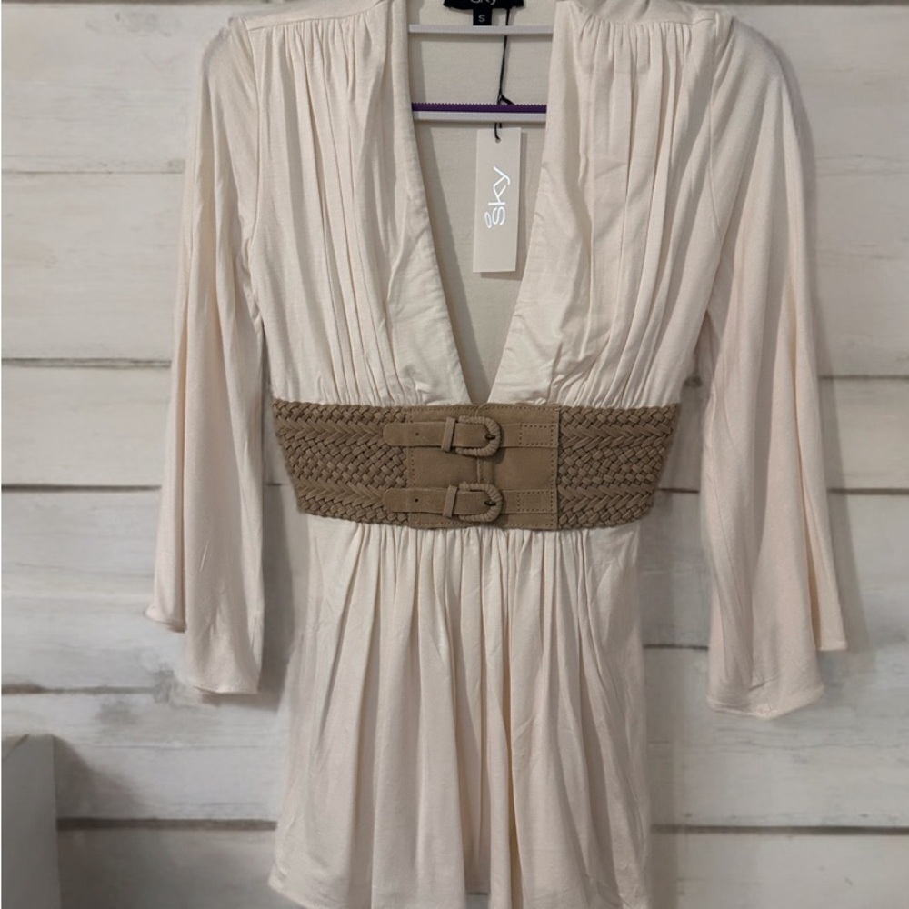 Sky Cream Blouse with Tan Belt